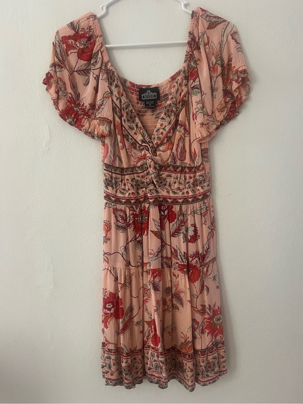 Angie Peach Floral Smocked Midi Dress